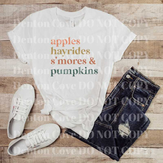 Apples Hayrides S'mores & Pumpkins Short Sleeve DTF Graphic Tee