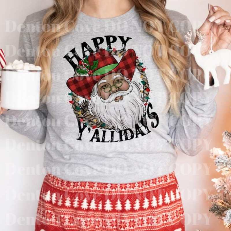 Happy Y'allidays Santa Long Sleeve DTF Graphic Tee