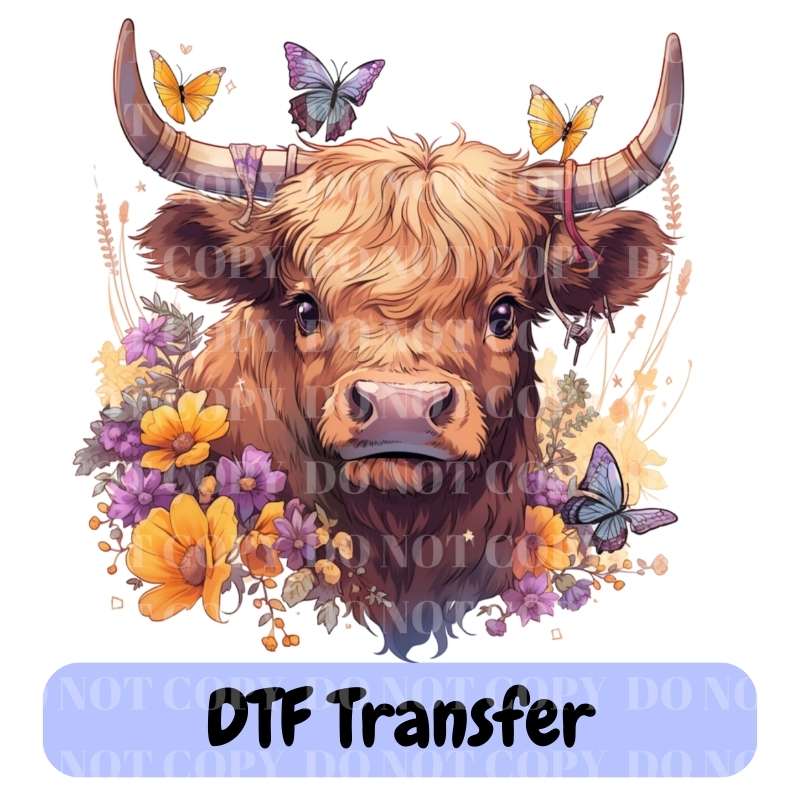 Highland cow with Flowers and Butterflies - DTF Transfer