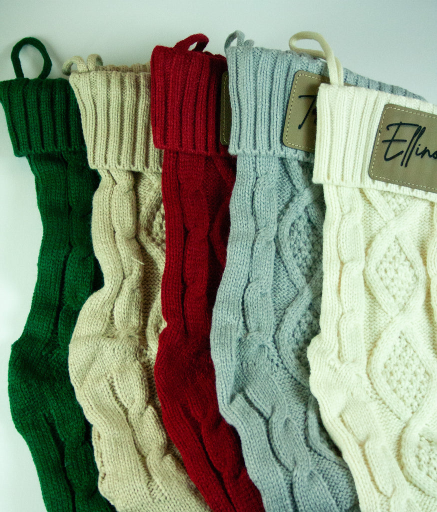 Farmhouse Cable Knitted Christmas Stocking with Personalized Leatherette Patch – 18-Inch