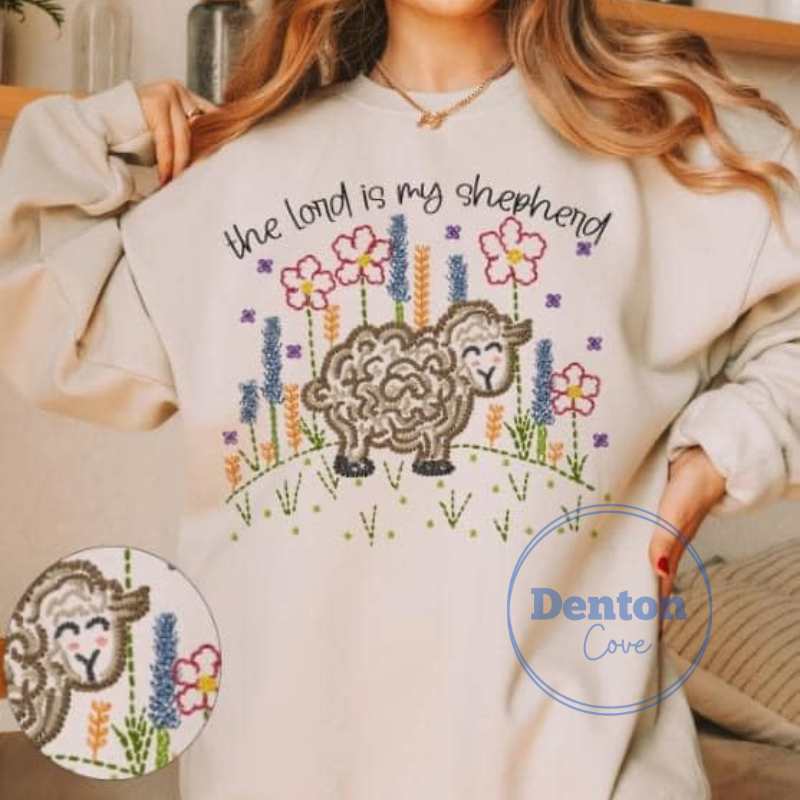The Lord is My Shepherd Faux Embroidery Graphic Crewneck Sweatshirt