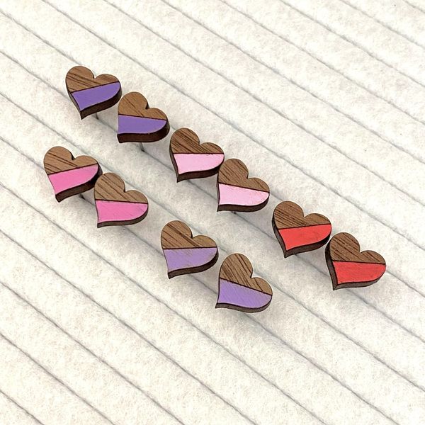 Two-Tone Heart Stud Wood Earrings